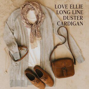 Love Ellie Soft Gray Longline Duster Cardigan Womens L NWOT Layering Open Front